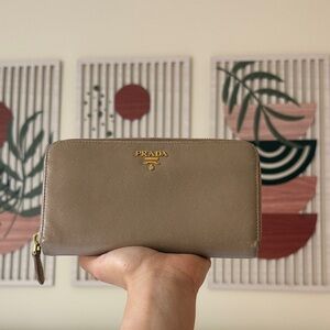 Prada Saffiano Zip Wallet in Taupe Beige with Gold Logo